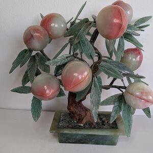 Vintage Chinese Hand carved Jade Bonsai Peach / Plum tree Agate Rose quartz